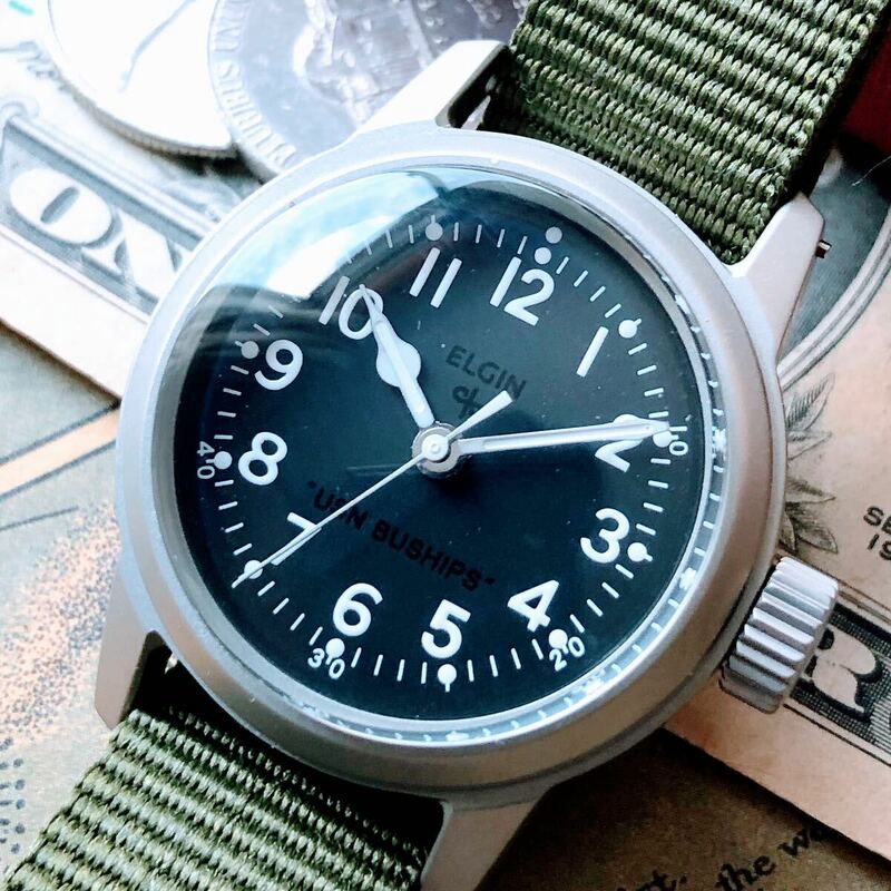#3052【人気のミリタリー】メンズ 腕時計 エルジン WW2 機械式 手巻 17石 動作品 美品 ラウンド型 ELGIN 3針 軍用 第二次世界大戦 黒文字盤