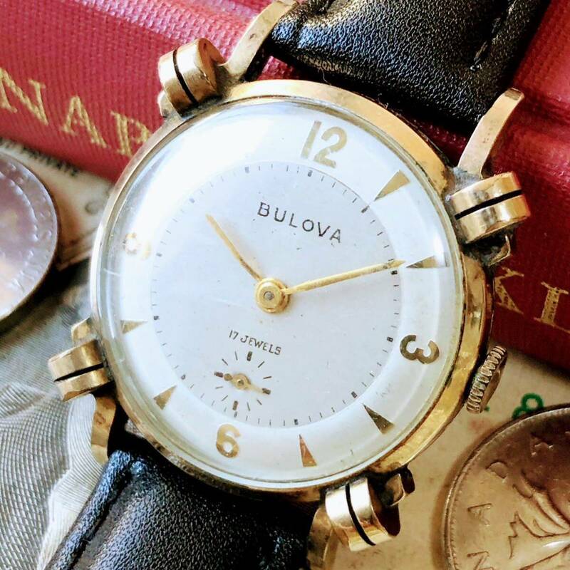 #3077【シックでお洒落】メンズ 腕時計 ブローバ BULOVA 手巻き 動作品 アンティーク ヴィンテージ 機械式 新品ベルト付 金張り ゴールドF