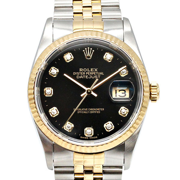 2024年2月OH済み ロレックス ROLEX デイトジャスト 16233G ブラック文字盤 C番 10Pダイヤ SS/YG メンズ腕時計 自動巻き