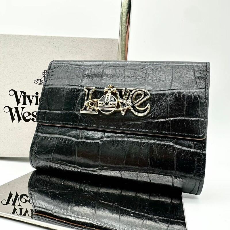 Vivienne Westwood ヴィヴィアンウエストウッド 三つ折り財布 ブラック バイカラー クロコ オーブ がま口 レディース