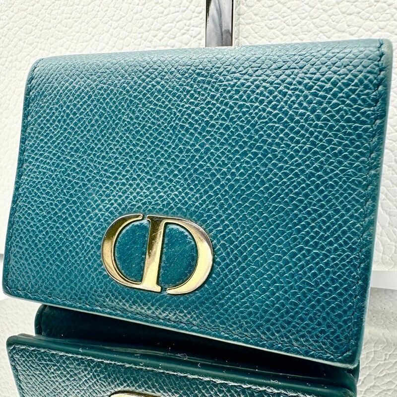 Christian Dior クリスチャンディオール 三つ折り財布 ブルー レザー ゴールドロゴ レディース コンパクトウォレット 本革