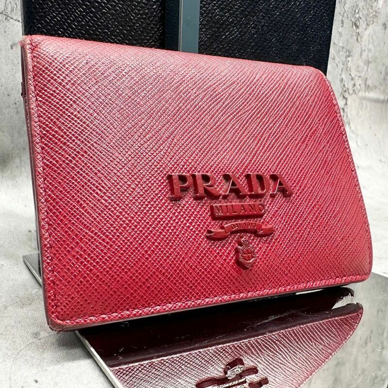 PRADA プラダ 二つ折り財布 レッド サフィアーノ ユニセックス メンズ レディース コンパクトウォレット レザー 本革