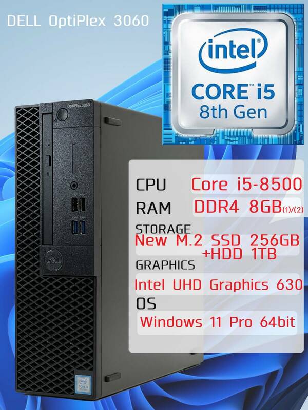 □【Core i5/第8世代/新品M.2 SSD/Win11】 DELL OptiPlex 3060 D11S004 Core i5-8500 RAM 8GB M.2 256GB 電源 L200AS-00 小型PC □W01-0514