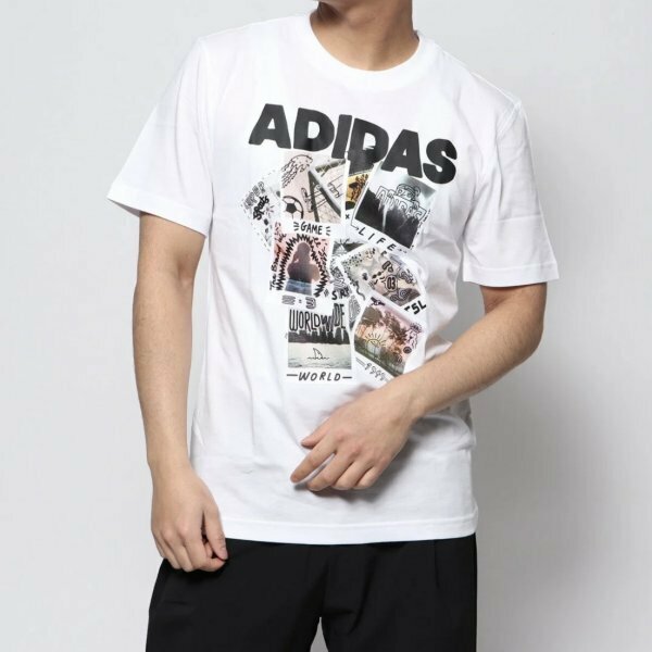 E310 adidas アディダス 半袖 Tシャツ M Doodle Photo フォト風 リニア ロゴ グラフィック スポーツ コットン メンズ ホワイト サイズ O