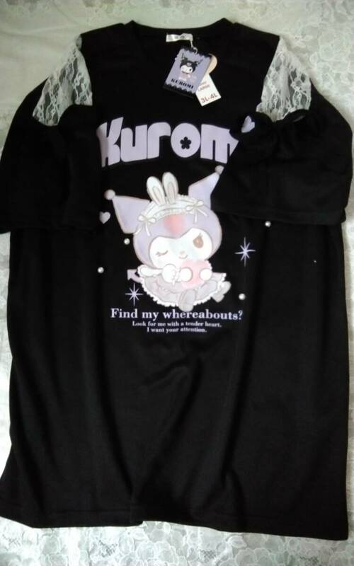 ☆KUROMI ☆majoretty ☆お袖レースおリボン&クロミちゃんバーニー♪パール風アクセ付の黒色半袖Tシャツです(o^―^o)大きいサイズ３Ｌ～４L