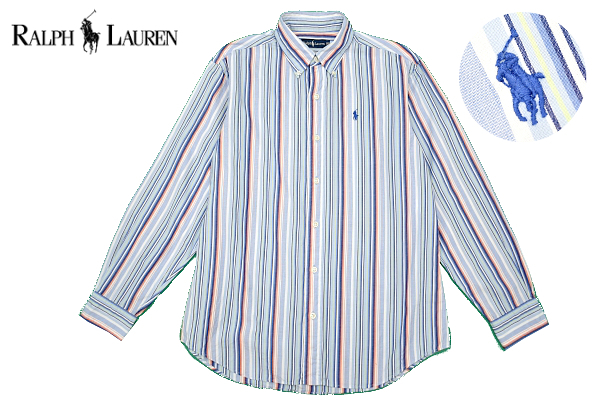 Y-7338★送料無料★美品★Ralph Lauren ラルフローレン★正規品 ブルー系 ストライプ ポニーロゴ刺繍 長袖 ボタンダウン シャツ 160cm