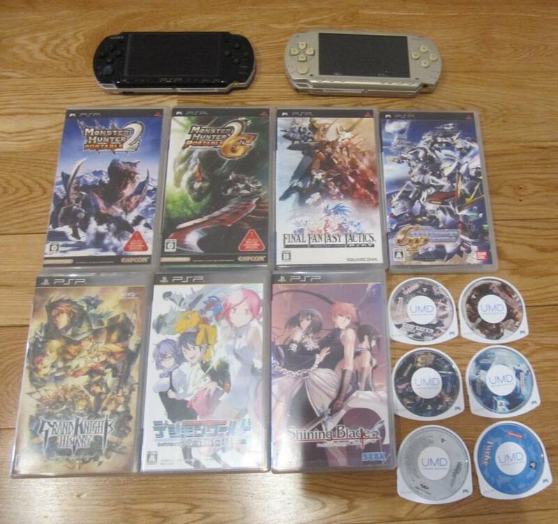 PSP　本体2台　PSP-1000　PSP-3000　ソフトまとめて　モンハン2・2G・3　FFタクティクス　SDガンダムGP　デジモンワールド　など　ジャンク