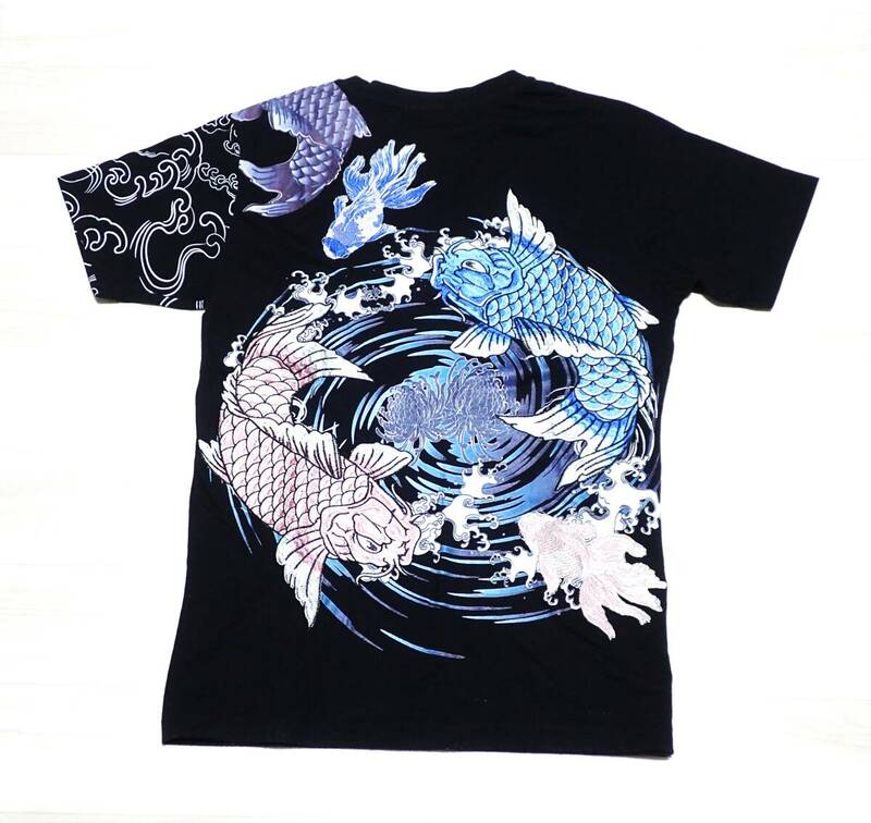 ☆豪華刺繍でかっこいい！！　☆不戴天　☆鯉刺繍　☆和柄　☆半袖Tシャツ　☆和柄Tシャツ　☆ブラック　☆メンズ　☆M