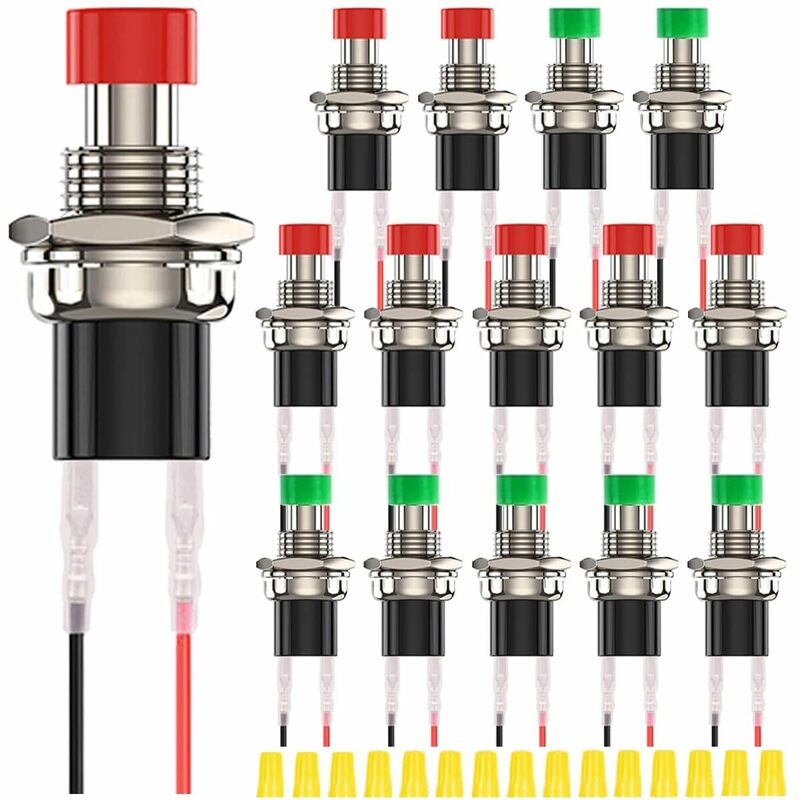 MKBKLLJY 15個 7mm 赤/緑 ミニ丸型押しボタンスイッチ 1A 250V AC 2ピン SPST オンオフ モメンタリ