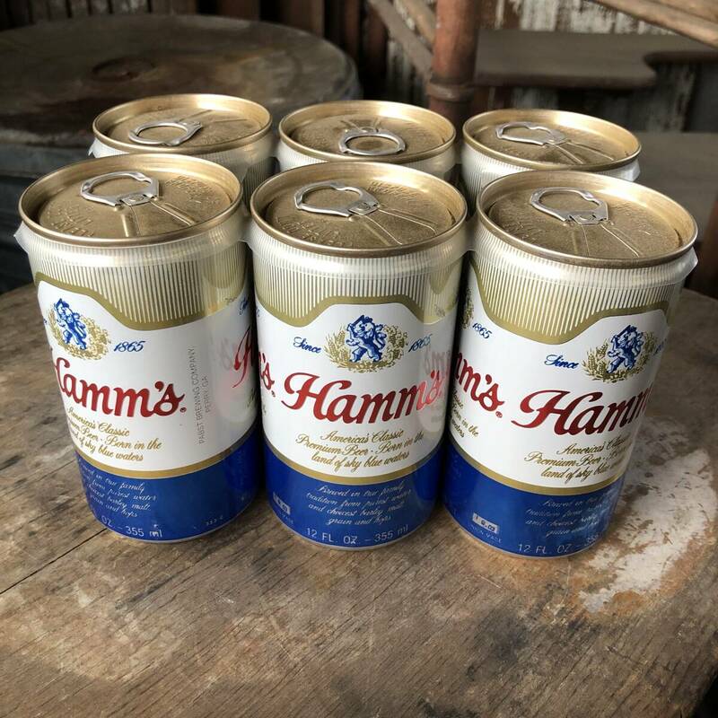 即決4 Hamms 旧ロゴ プルトップ ハムズ ヴィンテージ ビール缶 空き缶 バンド付き 6個セット / アメリカンガレージ カフェバー パーツ 看板