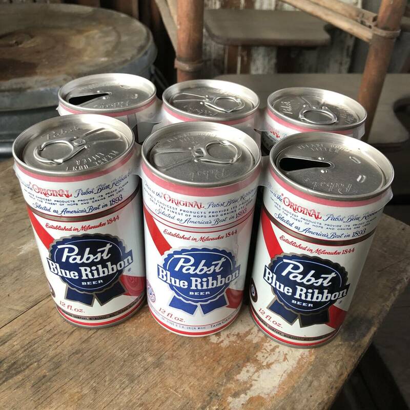 即決6 Pabst 旧ロゴ プルトップ パブストブルーリボン ヴィンテージ ビール 空き缶 バンド付き セット / アメリカンガレージ バー 看板