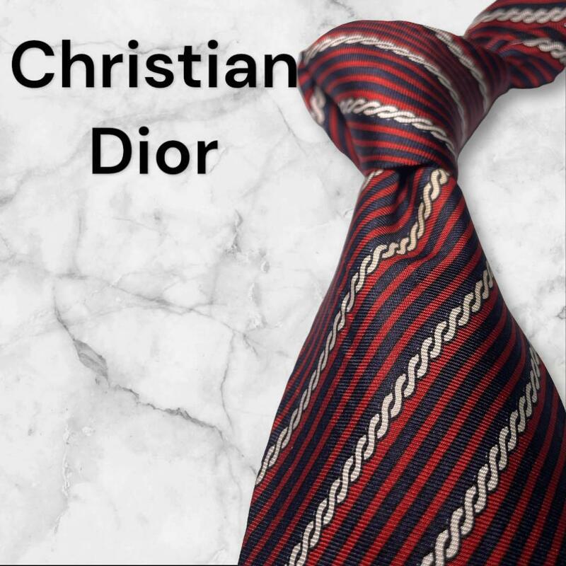 571.Christian Dior クリスチャン　ディオール　ネクタイ　ストライプ　肉厚　赤　黒　白