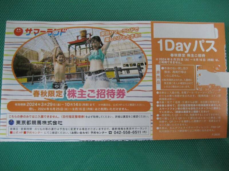 東京サマーランド 1Dayパス 株主ご招待券 東京都競馬 株主優待券 春秋限定 即決