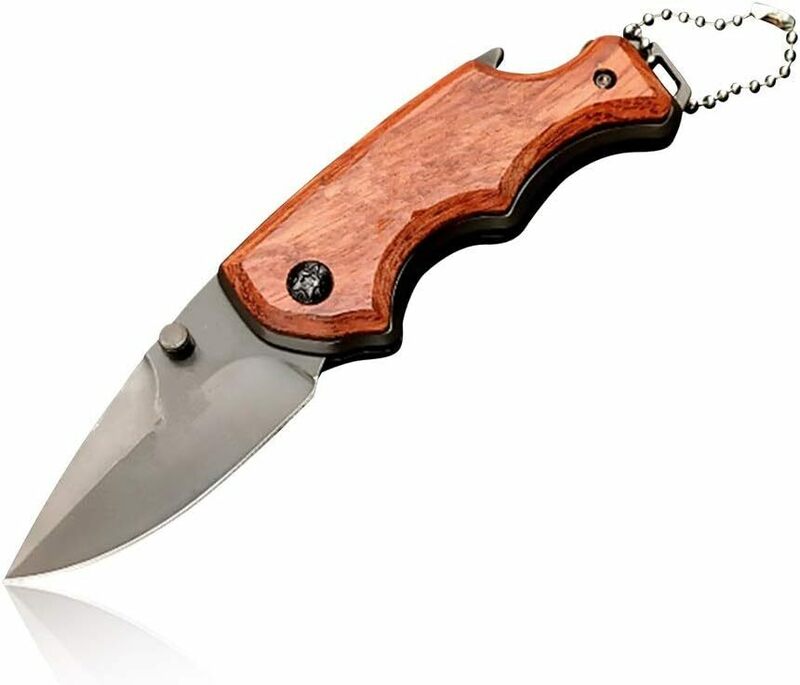 小型フォールディングナイフ 折畳み式 全長140mm 高硬度ステンレス刃 木製グリップ 栓抜き付 ポケットナイフ ミニカッター ボ