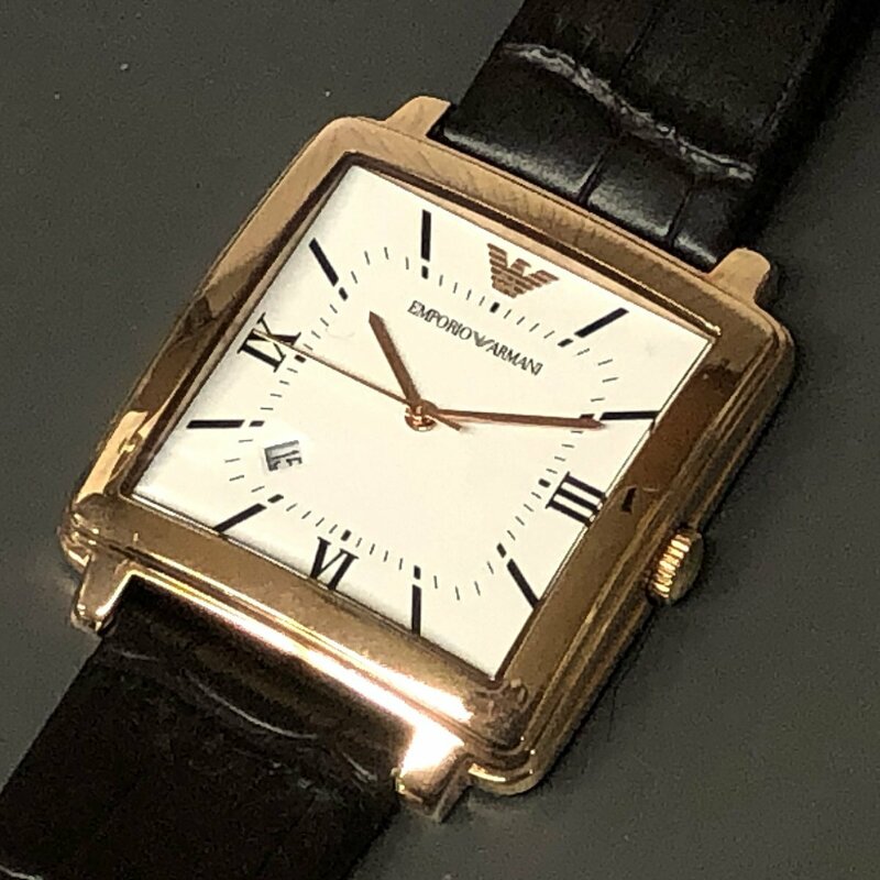 m001 Y3(60) 美品 エンポリオ・アルマーニ 時計 スクエア メンズ腕時計 AR90005 EMPORIO ARMANI ゴールド ブラウン 白文字盤 動作品