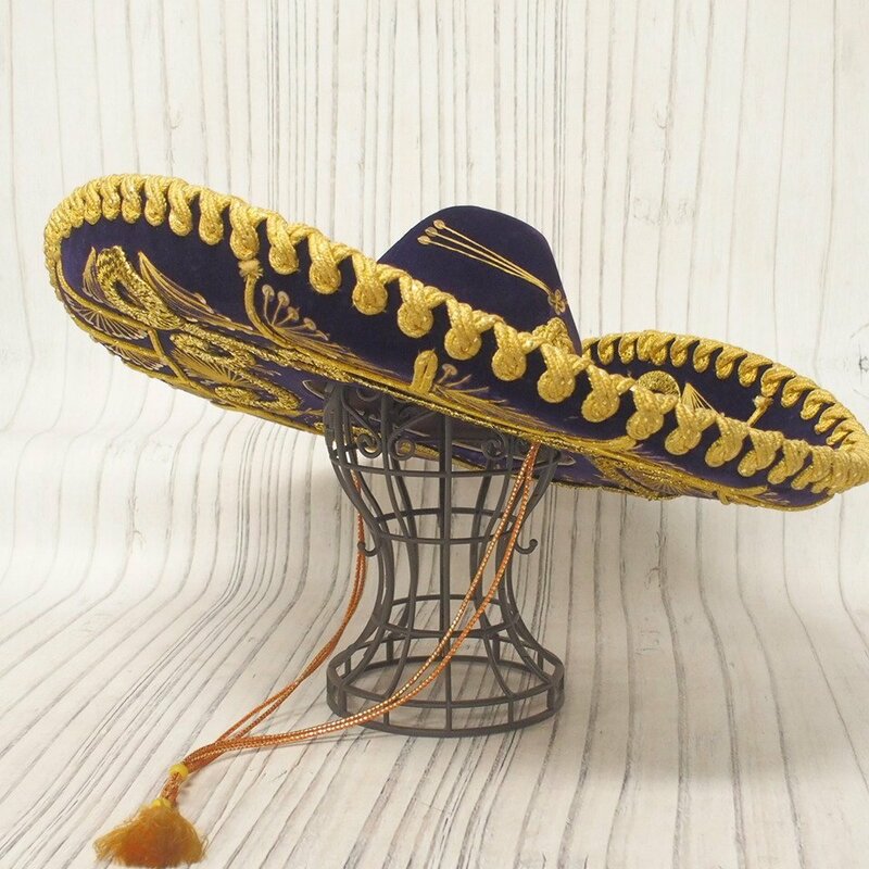 f002 H0 メキシカンハット 帽子 ソンブレロ メキシコ 民芸品 ベロア生地 スパンコール装飾 パープル×ゴールド系 直径約60cm 現状品