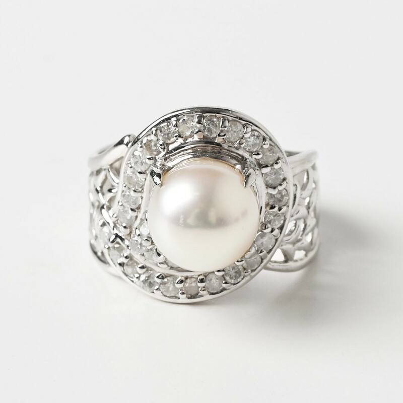 天然真珠 ダイヤモンド 0.50ct Pt900 総重量約7.3g 指輪 11号 デザインリング パール プラチナ 骨董 古美術 ジュエリー アンティーク