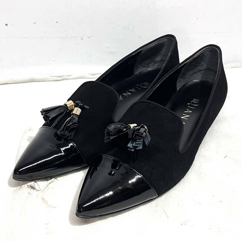 (志木)【美品】DIANA/ダイアナ タッセルローファー スエード×エナメル ローヒール 24cm 黒 ブラック ポインテッドトゥ パンプス 靴