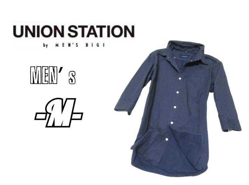 メンズM◇UNION STATION◇6分袖ドット柄ボタンダウンシャツ navy