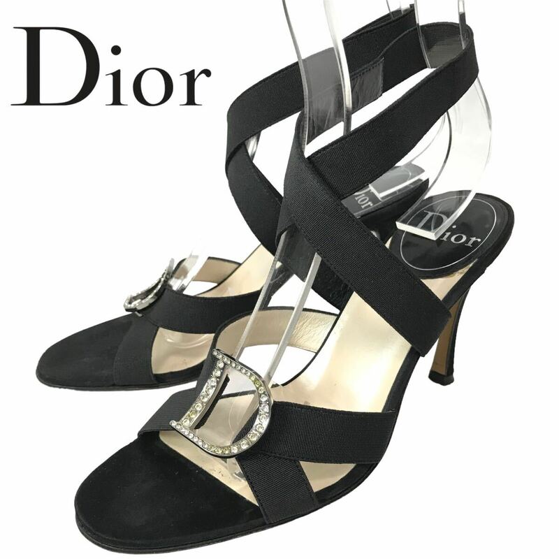k37 Christian Dior ディオール ロゴ ラインストーン サンダル フォーマル BLACK アンクルバンド 36 イタリア製 正規品 レディース 良品