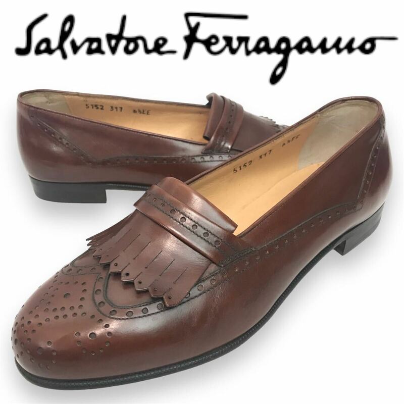 k101 未使用 Salvatore Ferragamo サルヴァトーレフェラガモ レザーシューズ 革靴 ローファー 6.5EE 茶メンズ ウィングチップ 正規品