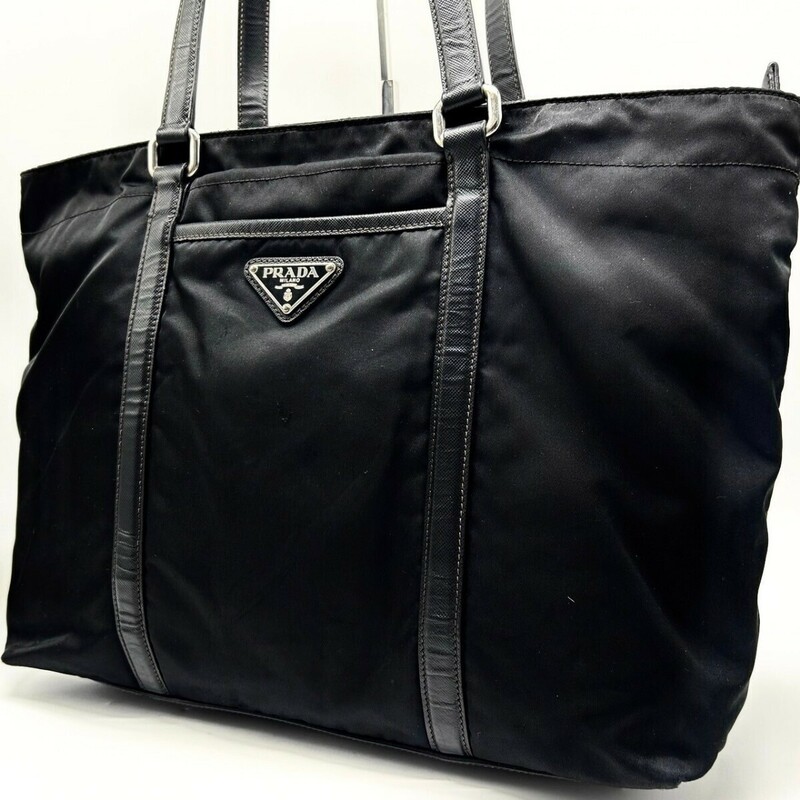 1円◆A4◎ プラダ PRADA トートバッグ ハンドバッグ ビジネス メンズ 三角ロゴ 黒 ブラック ナイロン サフィアーノレザー 本革 肩掛け 鞄