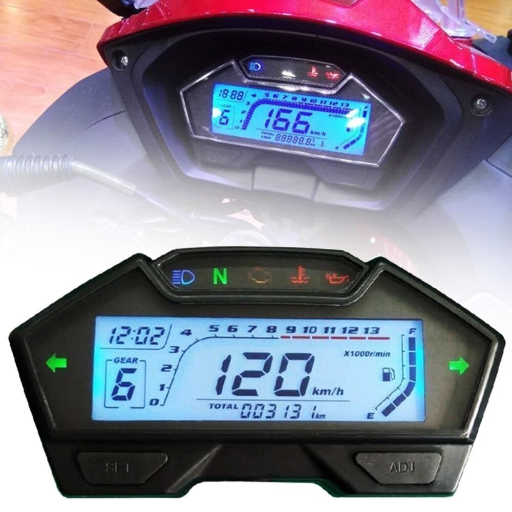 汎用 オートバイ 液晶デジタル スピードメーター ダッシュボード 走行距離 タコ 12V 13000RPM 油メーター 多機能ゲージ ZCL683