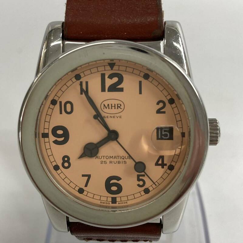 【希少】可動品 美品 MHR GENEVE マハラ 自動巻き メンズ腕時計 サーモンピンク文字盤 デイト 