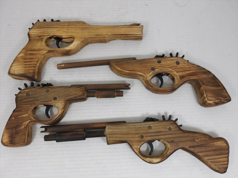木製 輪ゴム鉄砲 4ヶセット ライフル型/ハンドガン型 昭和レトロ トイガン ビンテージ 雑貨