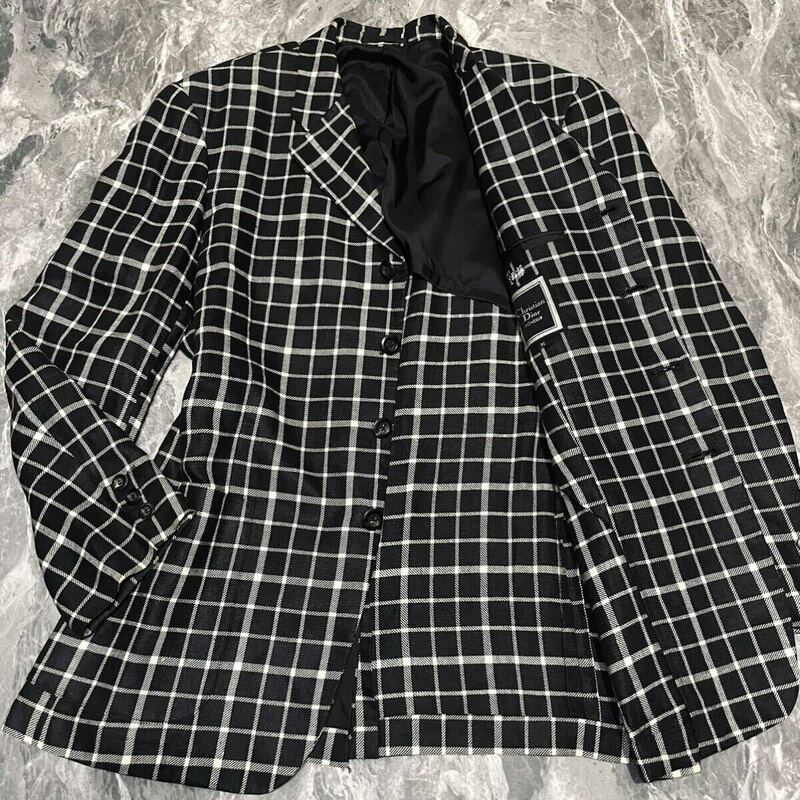 クリスチャンディオール【史上最高傑作！】Christian Dior テーラードジャケット XLサイズ リネン100% 麻 チェック 春夏用 ブラック 黒