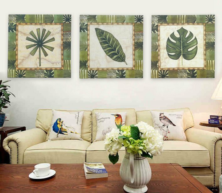 インテリアアートパネル 油彩絵画 壁掛け装飾 モダン バリ絵 アジアン 雑貨 ハワイ 葉 植物 リーフ 50×50cm3枚セット 01