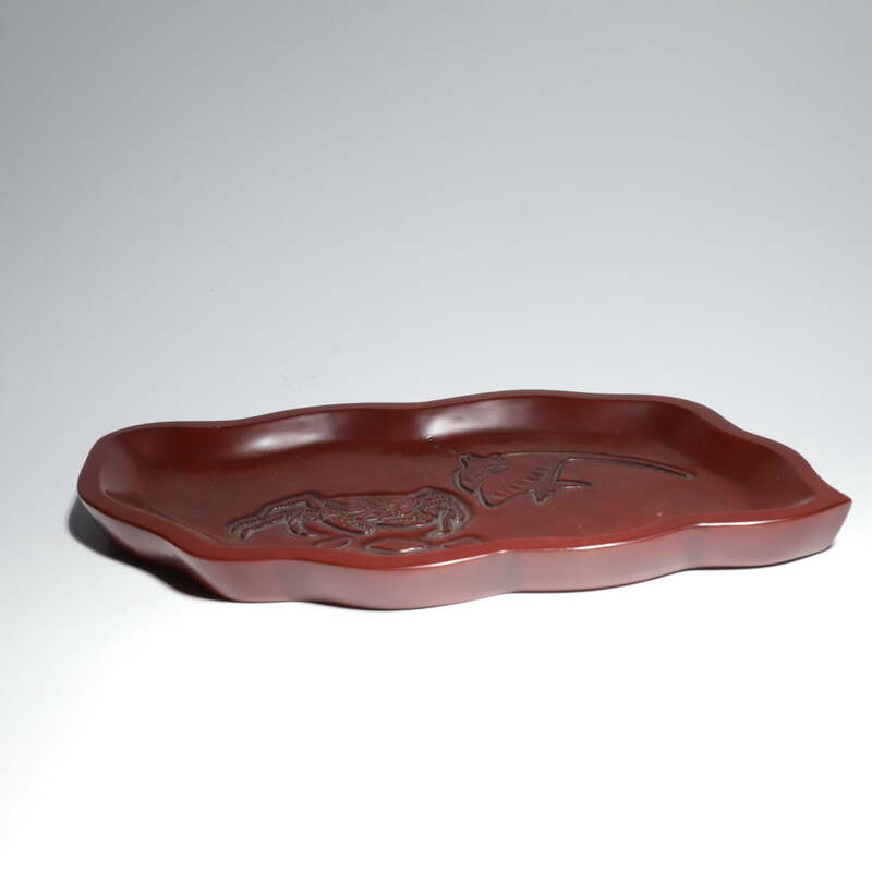 朱塗 菓子器 漆器 魚蟹紋 在銘 時代物 古道具 極細工 古美術品