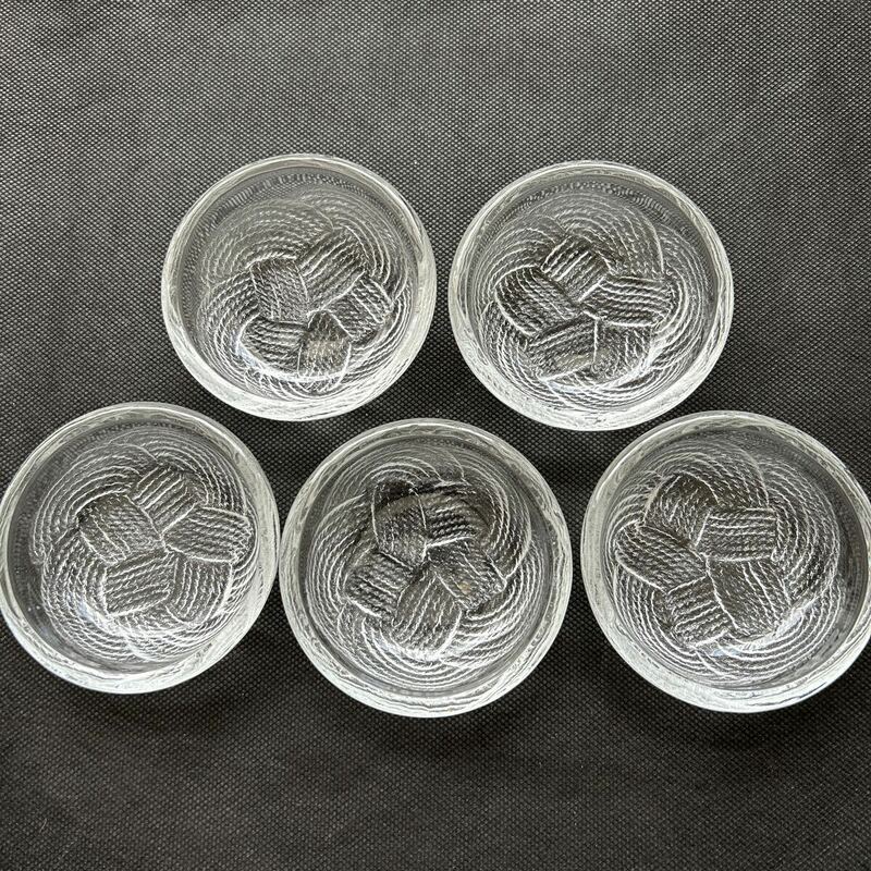 5点★ガラス小鉢　ガラス器　組紐柄　東洋ガラス　日本製　昭和レトロ　サラダ　漬物