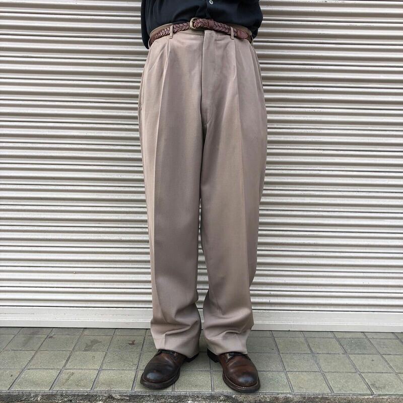 希少 50s USA Vintage レーヨン ギャバジン パンツ ツータック USA製 ヴィンテージ Rayon Gabadine ベージュ ギャバジャンスラックス W82cm