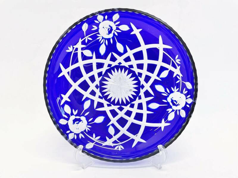 切子ガラス 大皿 ブルー ガラス製 ガラス 硝子 盛り皿 深皿 皿 プレート ガラス食器 カットガラス 青 飾皿 食器