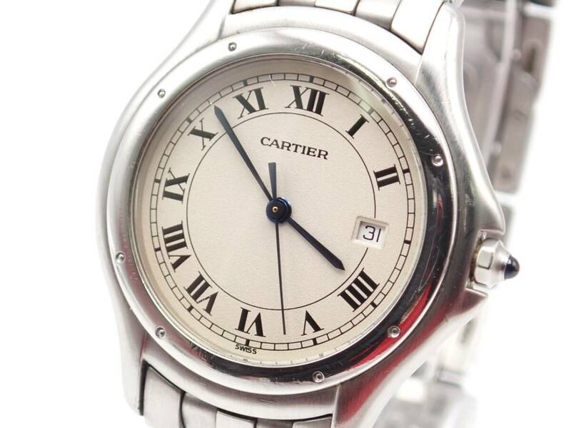 稼働品☆Cartier カルティエ QZ メンズ腕時計 COUGAR クーガー 987904 デイト シルバーカラー/18419-150