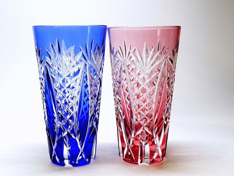 【侍】切子グラス クリスタルガラス 赤/青 細密細工 一口ビールグラス 2客組 冷酒 酒器 20-953