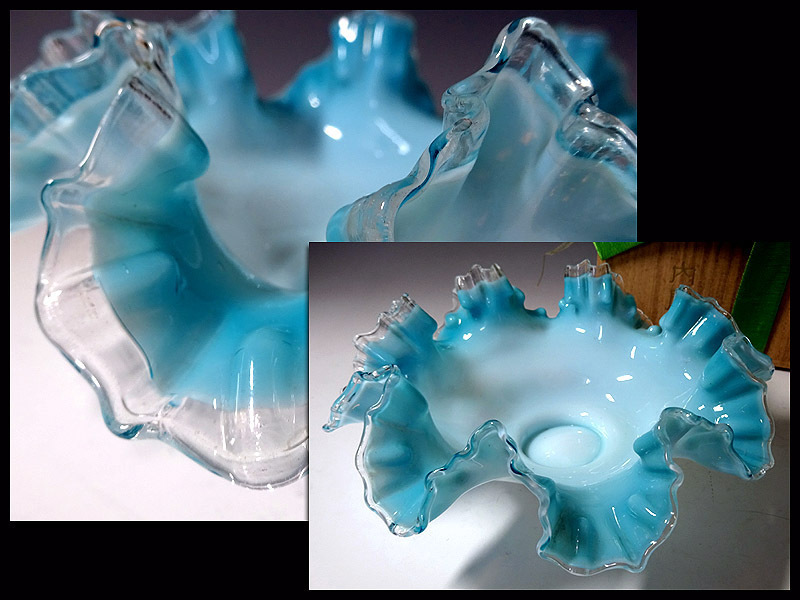 【侍】明治時代 和硝子 吹きガラス フリル 乳白青被せ 鉢 ボウル プレート 氷コップ 19-t415