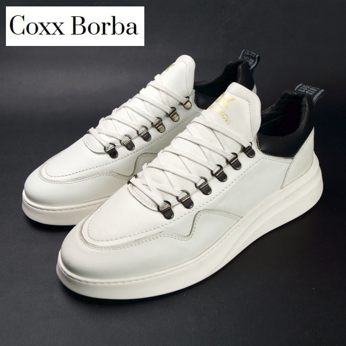 ■ コックスボルバ COXX BORBA《上質ポルトガル製》Dリング 厚底 メンズ 本革レザー スニーカー 44(28cm）ホワイトブラック