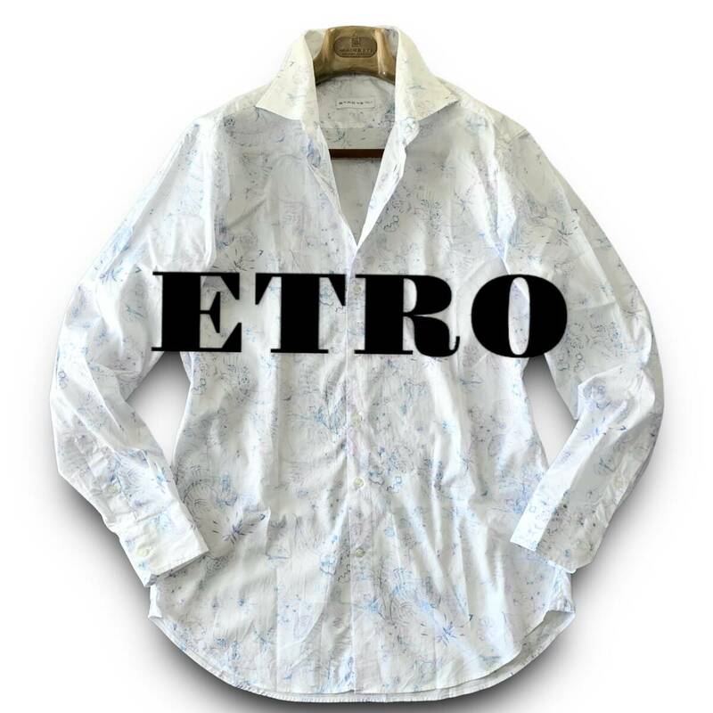 C02 美品 水彩画デザイン ！定価5万 XLぐらい 43『エトロ ETRO』イタリアンコットン 長袖 シャツ まるで絵画のような花柄 ホワイト