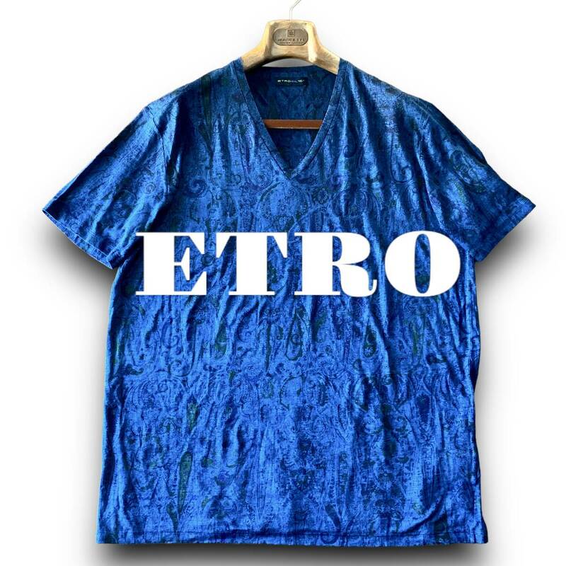 C06 美品 極上ペイズリーデザイン！定価4万 2XLサイズ『エトロ ETRO』麻100％ イタリアンリネン 半袖 Tシャツ カットソー ブルー 青色
