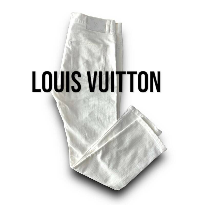 C07 美品 定価15万 33 L前後『ルイヴィトン LOUIS VUITTON』LV モノグラム刺繍 夏に映えるホワイトデニムパンツ スリム テーパード 白色