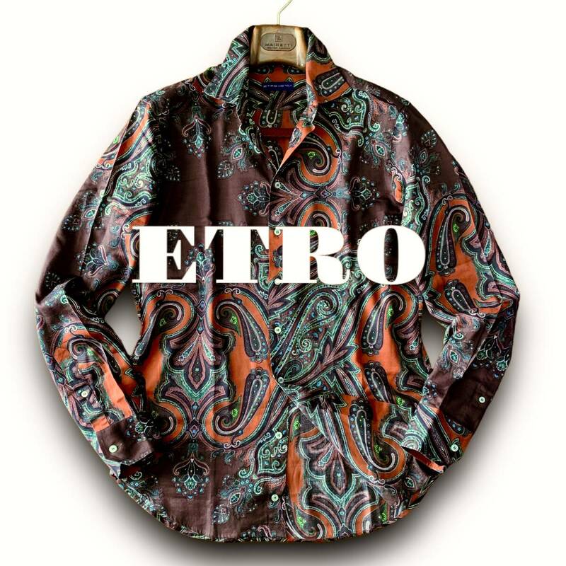C09 美品 極上ペイズリーデザイン！定価5万 Lぐらい 40『エトロ ETRO』イタリアンコットン 長袖 シャツ まるでアートのような一枚 オレンジ