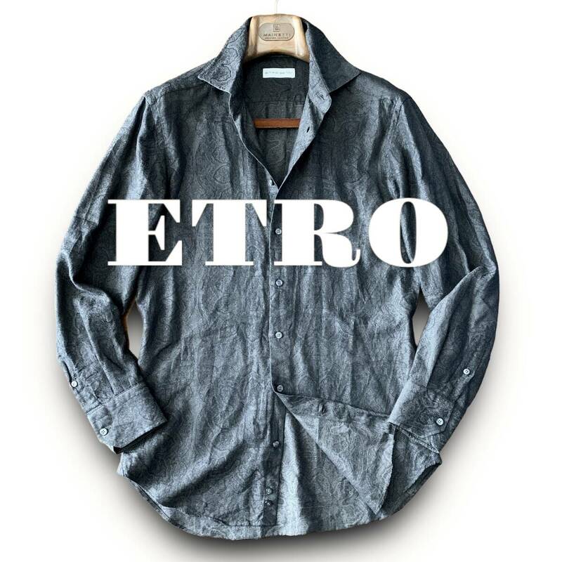 C16 美品 鮮やか！シャドーペイズリー 定価5万 Mぐらい 39『エトロ ETRO』イタリアンコットン 長袖 シャツ シックで鮮やか グレー ブラック