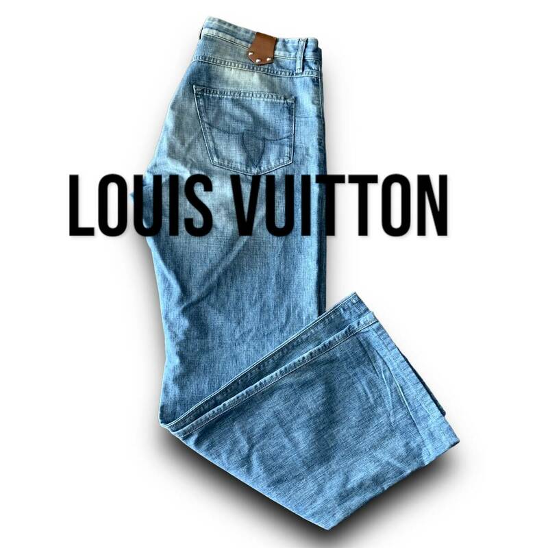 C12 美品 定価18万 44 XL前後『ルイヴィトン LOUIS VUITTON』LVレザー 百合刺繍デザイン 爽やかなブルーカラー デニムパンツ ストレート青