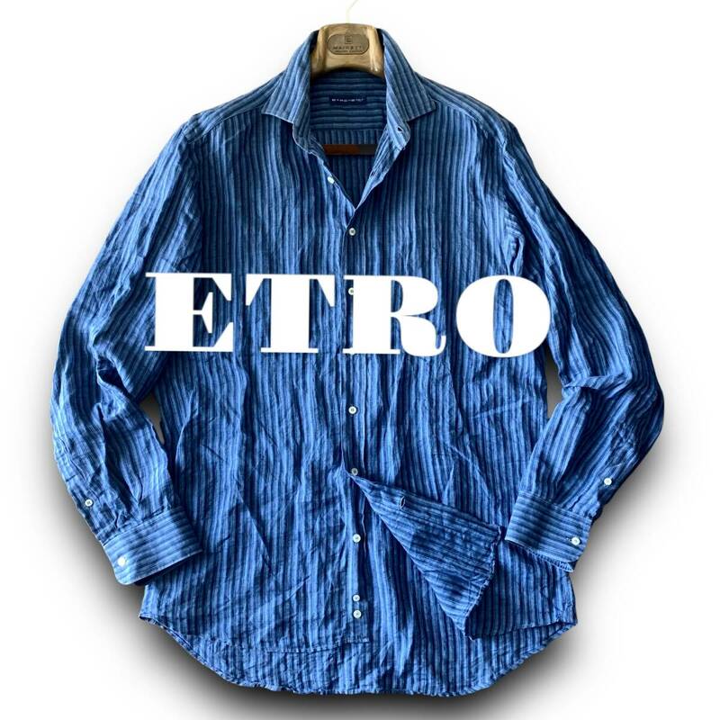 C19 美品 爽やかサマーストライプ！定価5万 XXLぐらい 42『エトロ ETRO』麻100％ イタリアンリネン 長袖 シャツ マリンブルーカラー 青色