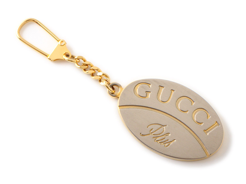 E18197 GUCCI PLUS グッチプラス キーホルダー キーリング チャーム ゴールド×シルバー ヴィンテージ プレート 