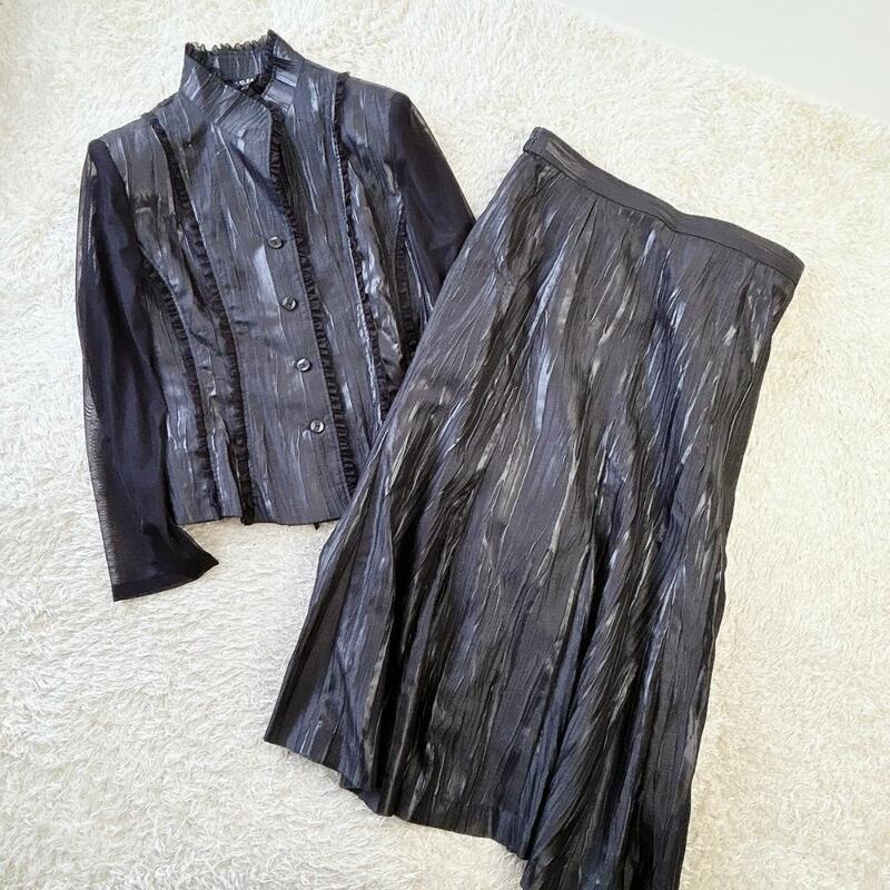 【CLELEAN】セットアップ シアー 光沢 ブラウス ジャケット ロングスカート 大きいサイズ 15号 プリーツ風 シワ加工 婦人服 黒 Rstore44273
