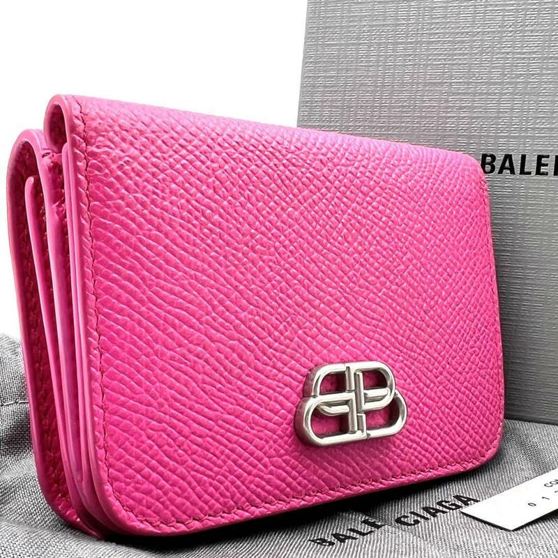 《極美品》現行 BALENCIAGA バレンシアガ レザー BB コンパクトウォレット 箱付 三つ折財布 ピンク