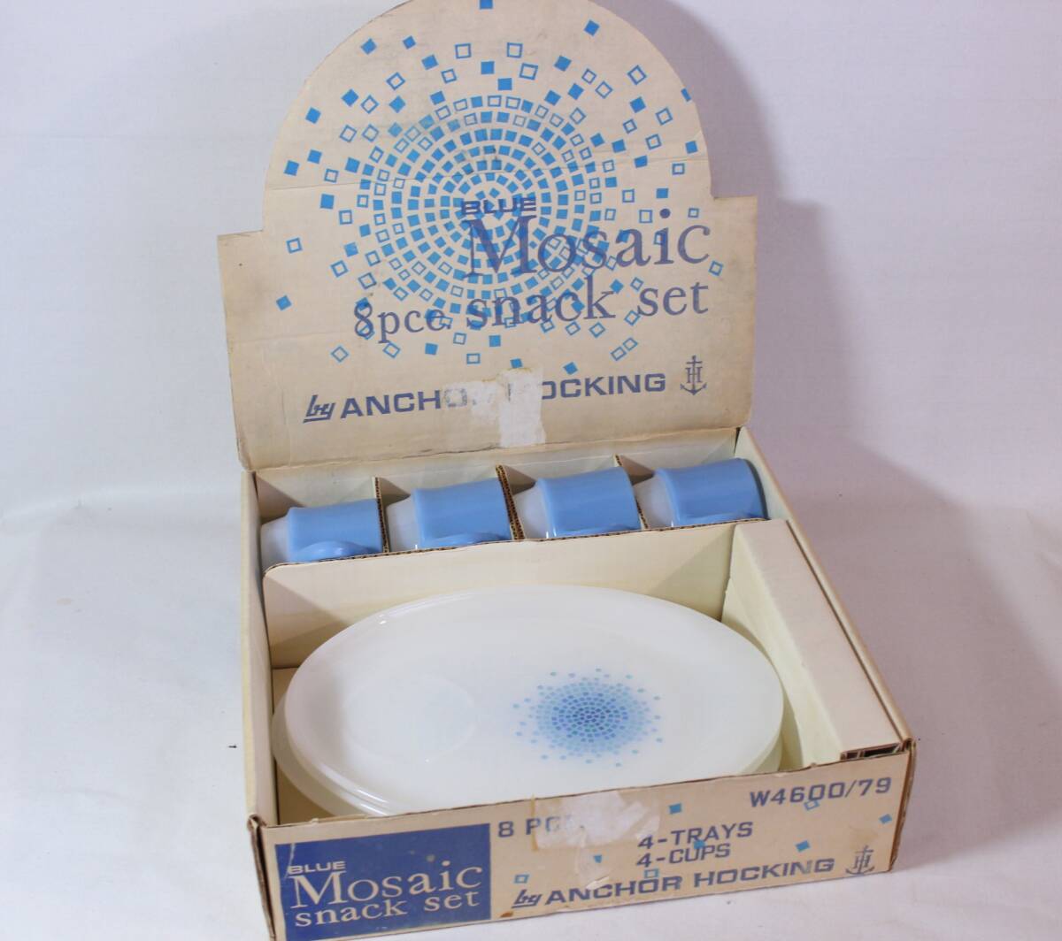 送料無料 ミント 箱入 8ピースセット ファイヤーキング ブルーモザイク スナックセット 4客セット FIRE KING ヴィンテージ ミルクグラス
